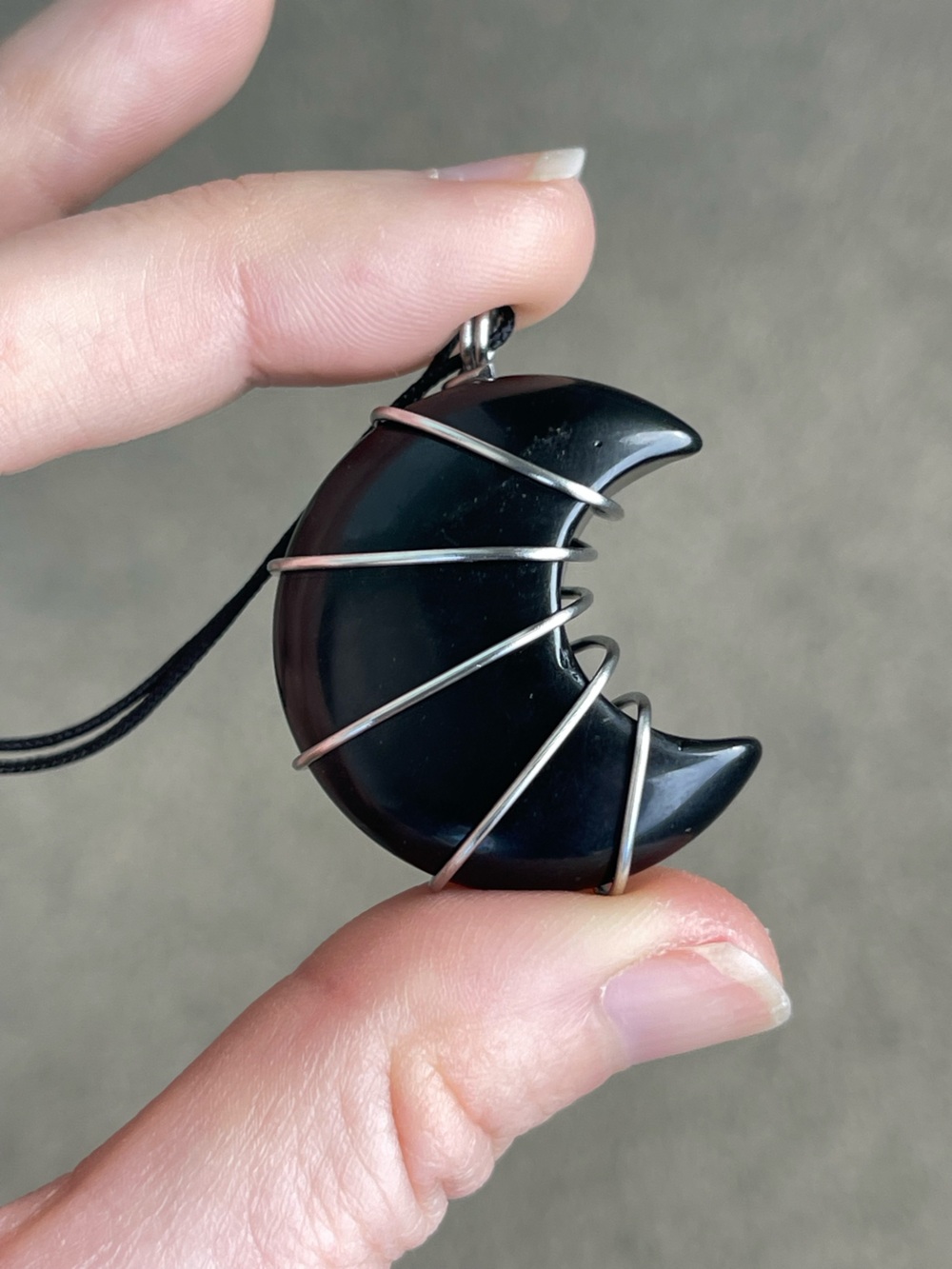 Black Onyx Moon Necklace on Black Nylon Cord Stainless Steel Silver Wire Wrap - Picture 5 of 5